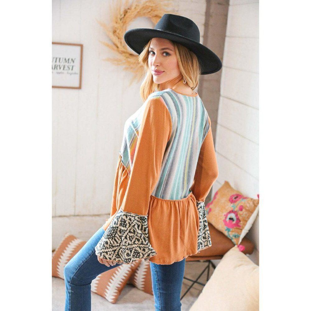 Sugarfox Camel Hacci Multi Stripe Aztec Bell Sleeve Top ST5702A - Picture 8 of 8